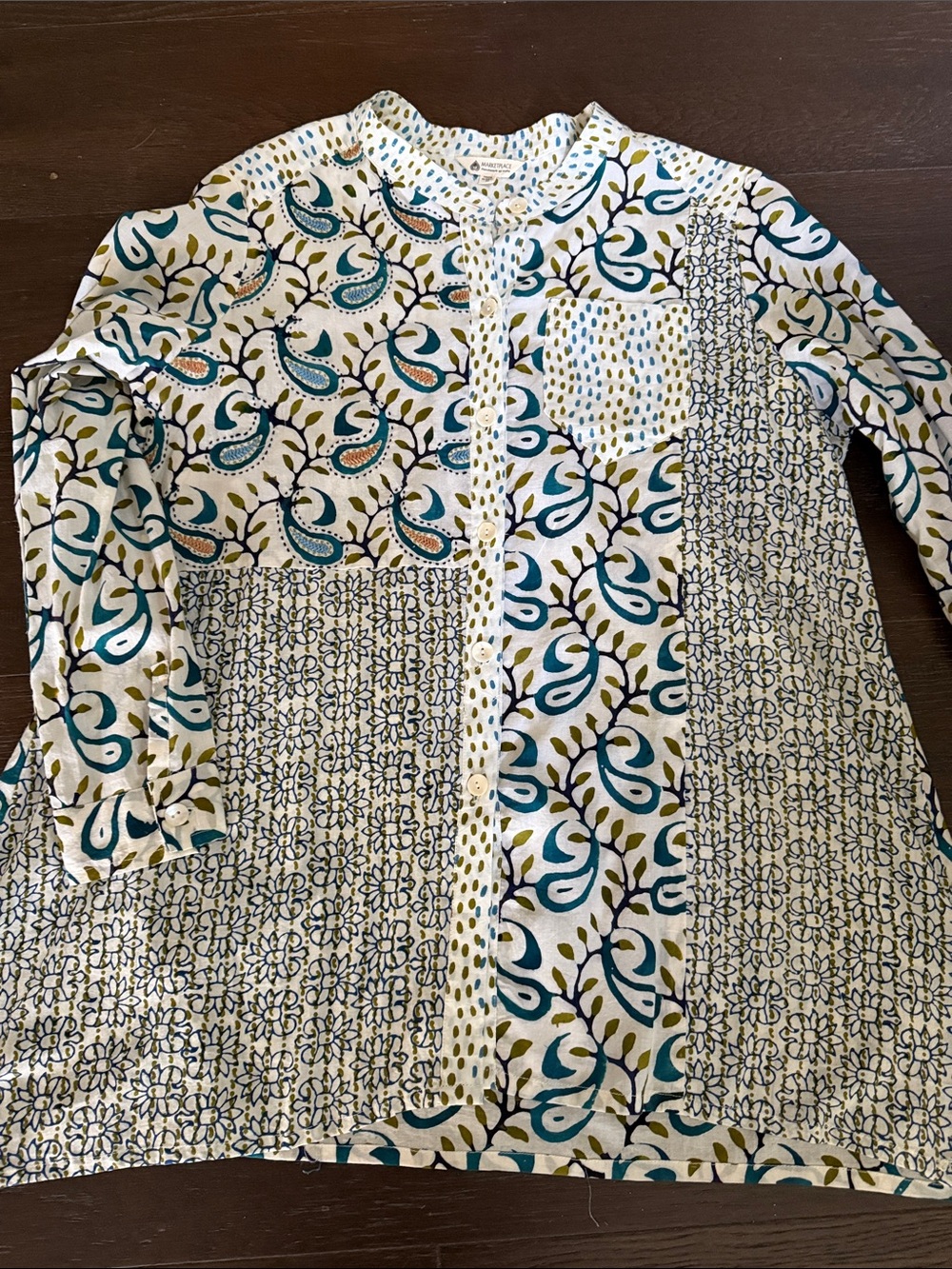 Printed Button-Front Tunic in Teal and Olive